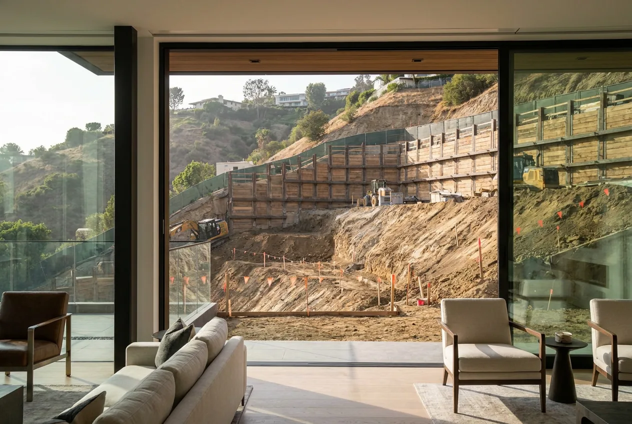 Hillside residential excavation with shoring and survey stakes before construction begins.
